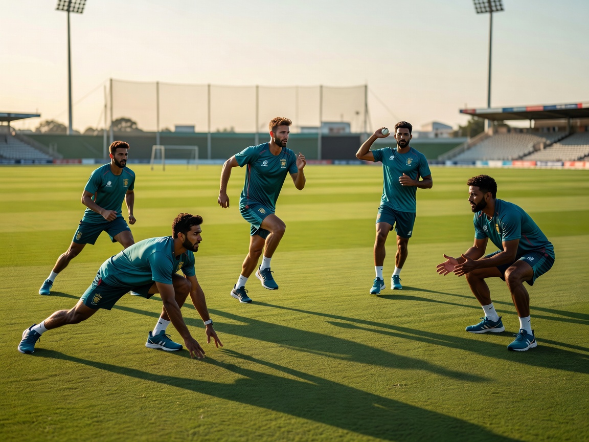 Cricketers in national team training kit warming up on an outfield before a session