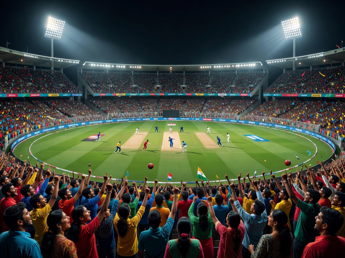 Floodlit cricket stadium packed with supporters during an evening match in India