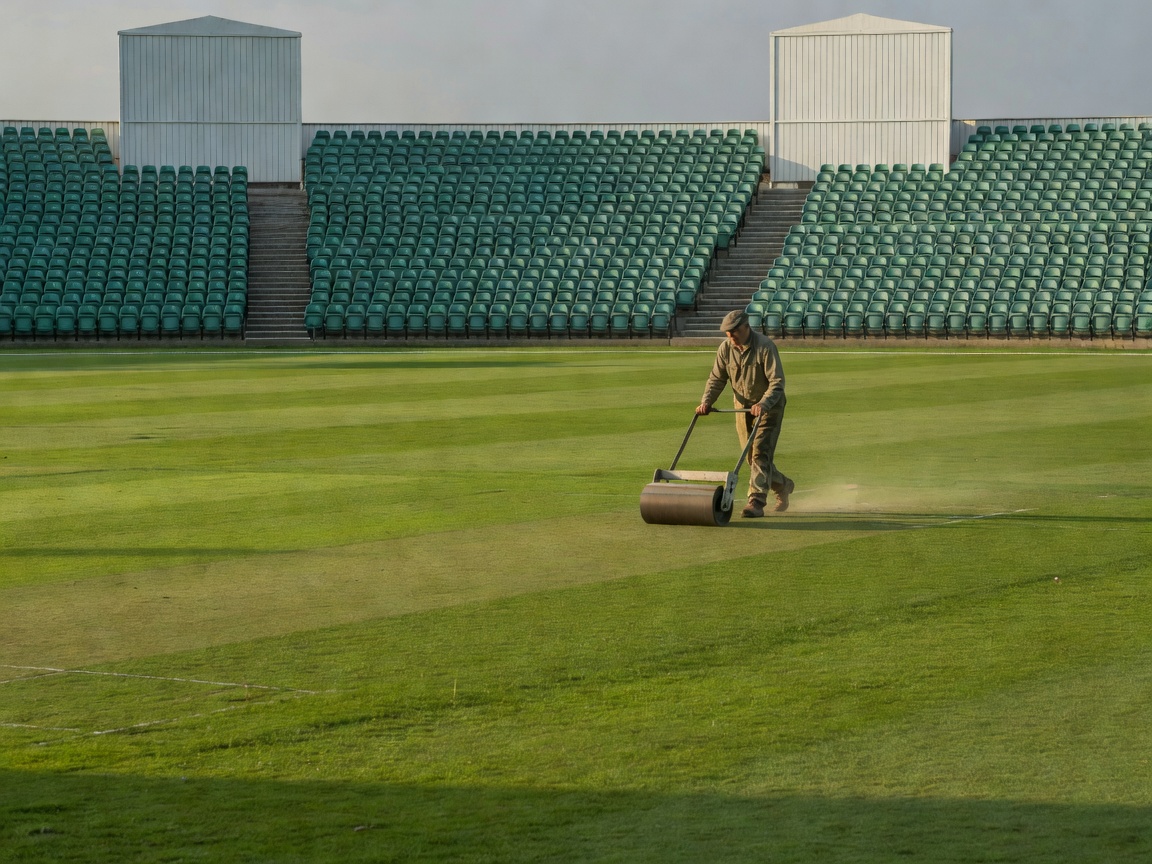 Quiet domestic cricket ground with empty green seating and a groundsman rolling the pitch