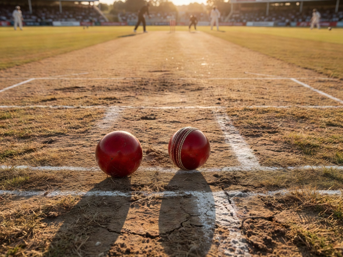 Red cricket ball resting on dry turf beside worn pitch markings during a Test match