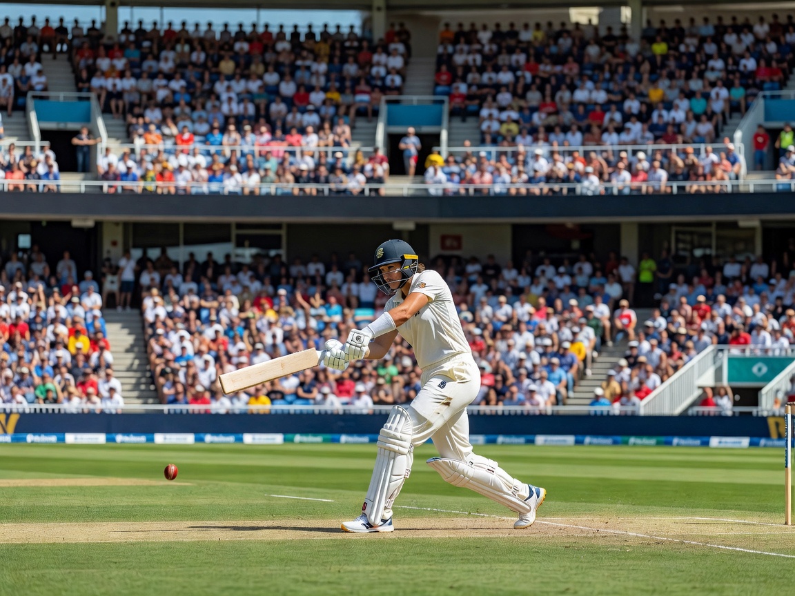 Woman cricketer in batting pads driving a delivery in front of a crowded stand